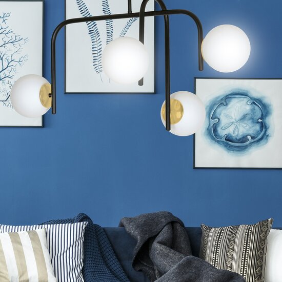 Emibig Emibig Tampere special black and gold ceiling lamp with curved arms and 4x E14 in a white sphere - Ideal lighting for modern interiors