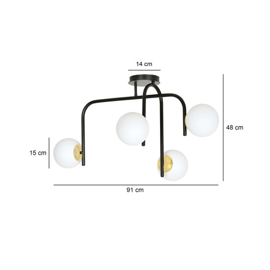 Emibig Emibig Lampe de plafond spéciale Tampere noire et dorée avec bras courbés et 4x E14 dans une sphère blanche - Éclairage idéal pour les intérieurs modernes
