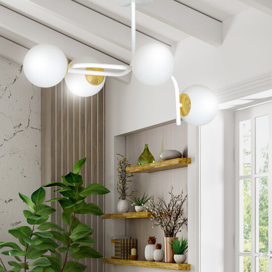 Emibig Emibig Espoo gran lámpara de techo blanca con oro y brazos curvados y 4x E14 en una bombilla blanca - Iluminación ideal para interiores modernos