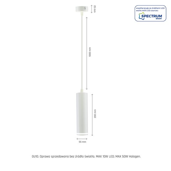 Spectrum LED MADARA MINI RING GU10 SUSPENDED BASE 230V IP20 FI55*200MM WHITE - Ideal pendant lamp for modern interiors