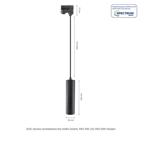 Spectrum LED MADARA MINI II GU10 SUSPENDED FOR TRACK 3F 230V IP20 FI55*200MM BLACK - Ideal lighting for any space