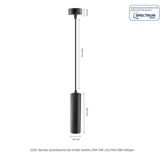 Spectrum LED MADARA MINI II GU10 SUSPENDED BASE 230V IP20 FI55*200MM BLACK - Lampe suspendue idéale pour les intérieurs modernes