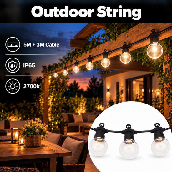 Optonica Black Outdoor String Light With Bulbs 10pc 5M + 3M Cable - Schaffen Sie eine gemütliche Außenatmosphäre