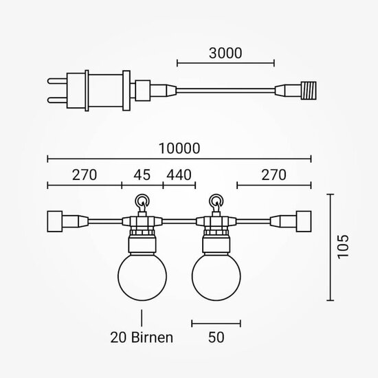 Optonica Black Outdoor String Light With Bulbs 20pc 10M + 3M Cable - Créez une atmosphère extérieure chaleureuse