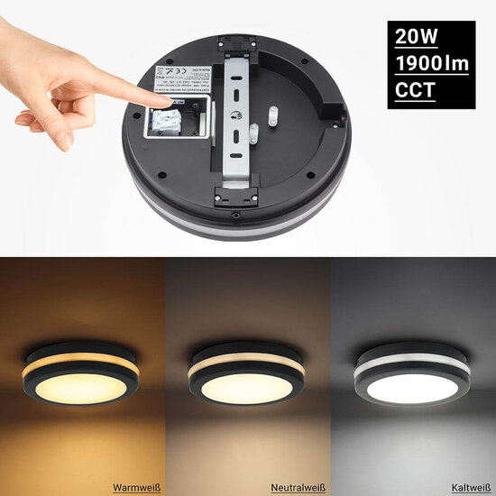 Optonica LED Outdoor Ceiling Light Black 20W CCT IP65 - Ideal für Außenbereiche