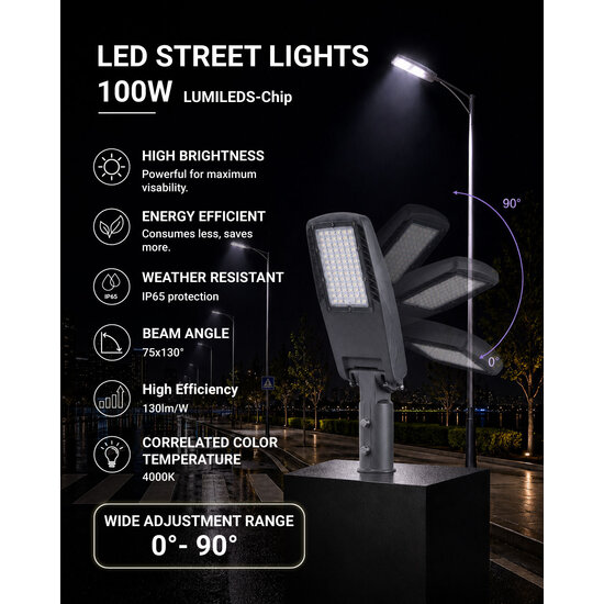 Optonica LED Street Light 100W Grey Body LUMILEDS-Chip IP65 75x130° - Perfect voor buitenverlichting