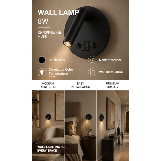 Optonica LED Wall Light 8W With ON/OFF-Switch + USB Black - Ideal para iluminación elegante