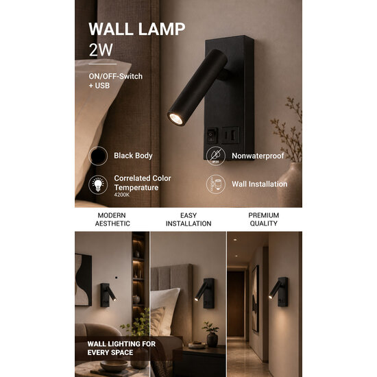 Optonica LED Cabinet Light 2W With ON/OFF-Switch + USB Black - Ideales Licht für Ihre Schränke