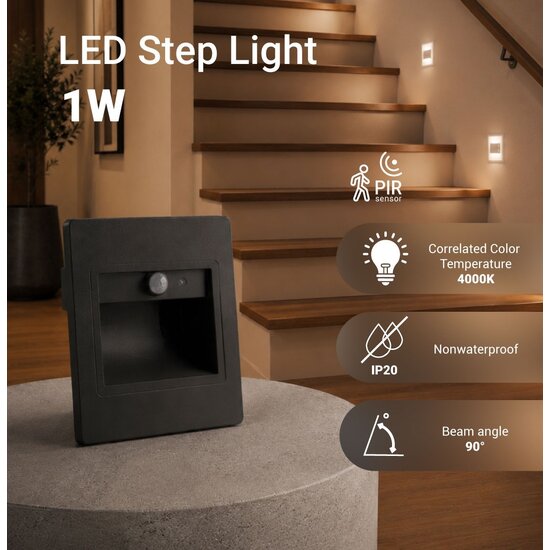 Optonica LED Step Light Square 1W 4000K IP20 Gris + Sensor - Ideal para mejorar la seguridad en escaleras