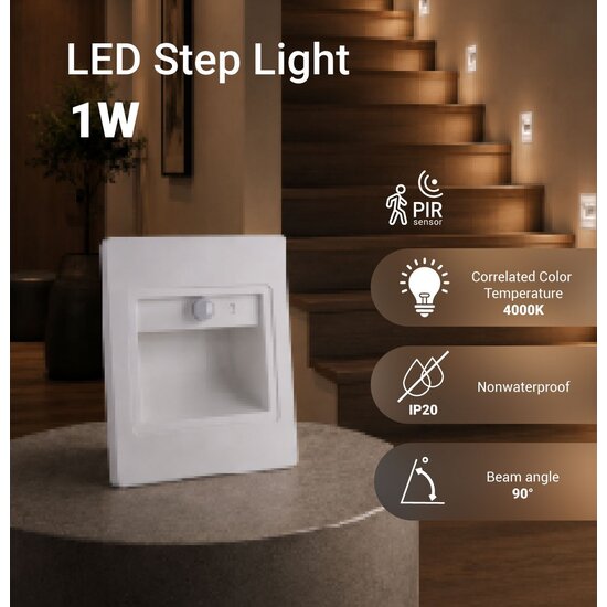 Optonica LED Step Light Square 1W 4000K IP20 White + Sensor - Ideal for stair lighting and safety
