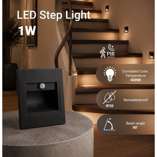 Optonica LED Step Light Square 1W 4000K IP20 Black + Sensor - Iluminación ideal para escaleras y caminos