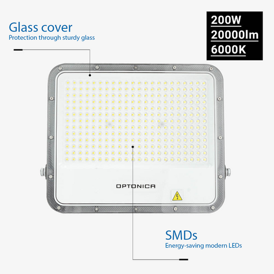 Optonica LED SMD Flutlicht 200W Grauer Körper IP65 mit 100cm Kabel - Ideal für Außenbeleuchtung
