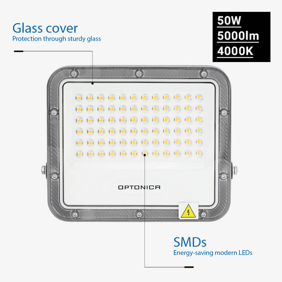 Optonica LED SMD Flutlicht 50W Graues Gehäuse IP65 mit 100cm Kabel - Ideal für Außenbeleuchtung
