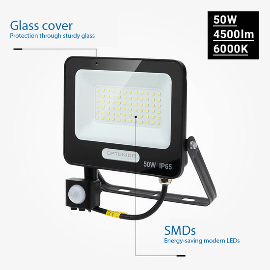 Optonica LED SMD Floodlight IP65 Cuerpo Negro con Sensor - Ideal para Iluminación Exterior