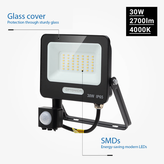 Optonica LED SMD Floodlight IP65 Black Body with Sensor - Ideal para Espacios Exteriores