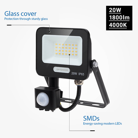 Optonica LED SMD Floodlight IP65 Black Body with Sensor - Ideal para iluminación exterior