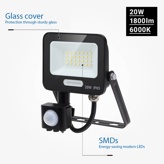 Optonica LED SMD Floodlight IP65 Cuerpo Negro con Sensor - Iluminación perfecta para espacios exteriores