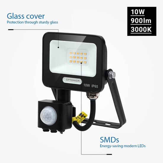 Optonica LED SMD Floodlight IP65 Black Body with Sensor - Ideal para Iluminación Exterior