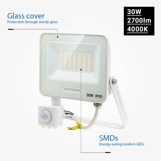 Optonica LED SMD Floodlight IP65 White Body with Sensor - Perfect voor buitenverlichting