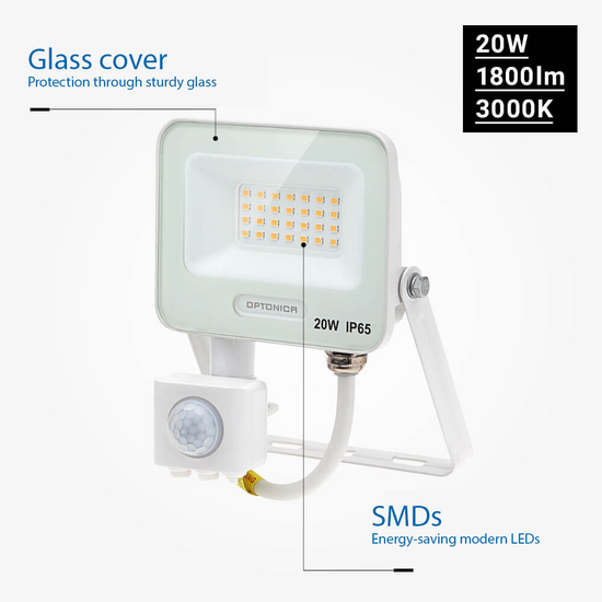 Optonica LED SMD Floodlight IP65 White Body with Sensor - Ideal para Iluminación Exterior