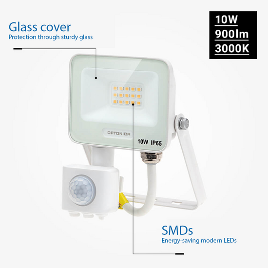 Optonica LED SMD Floodlight IP65 White Body with Sensor - Ideal para iluminación exterior