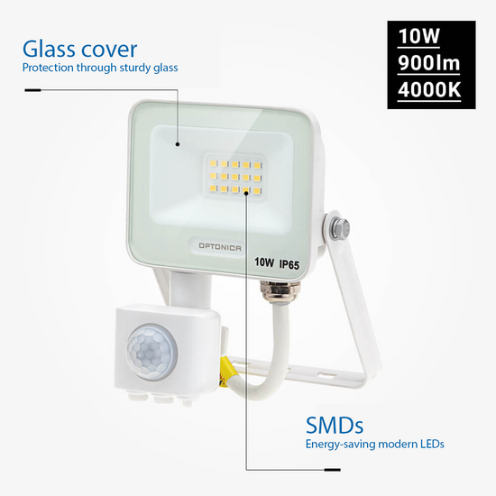 Optonica LED SMD Floodlight IP65 White Body with Sensor - Ideal para Iluminación Exterior