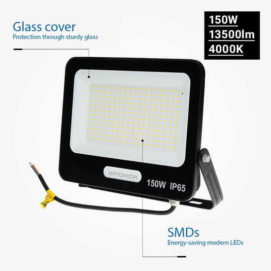 Optonica LED SMD Flutlicht Schwarz IP65 mit 30 cm Kabel - Ideal für Außenbeleuchtung