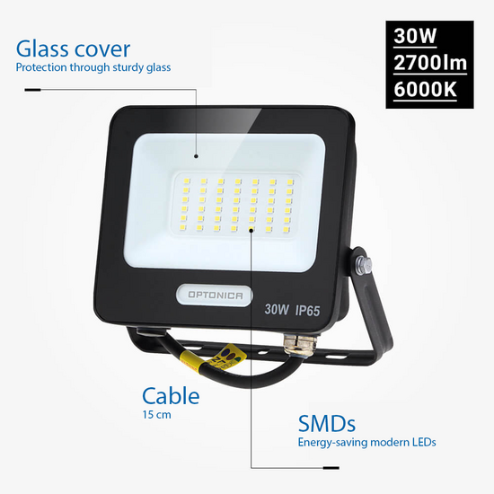 Optonica LED SMD Proyector Cuerpo Negro IP65 con Cable de 15 cm - Ideal para Iluminación Exterior