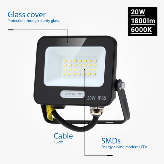 Optonica LED SMD Floodlight Black Body IP65 with 15 cm Cable - Ideal for outdoor lighting