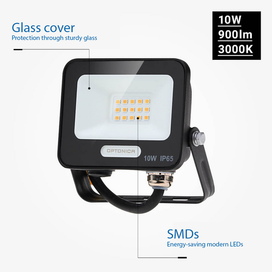 Optonica LED SMD Floodlight Black Body IP65 with 15 cm Cable - Ideal para iluminación exterior