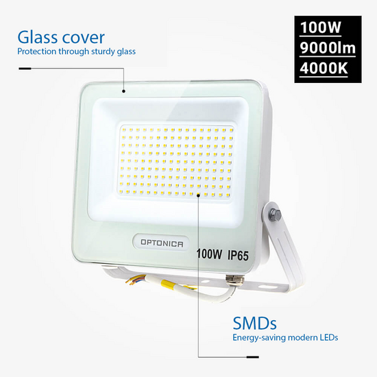 Optonica LED SMD Proyector Cuerpo Blanco IP65 con Cable de 15 cm - Ideal para Iluminación Exterior
