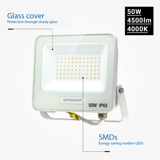 Optonica LED SMD Floodlight Cuerpo Blanco IP65 con Cable de 15 cm - Ideal para iluminación exterior