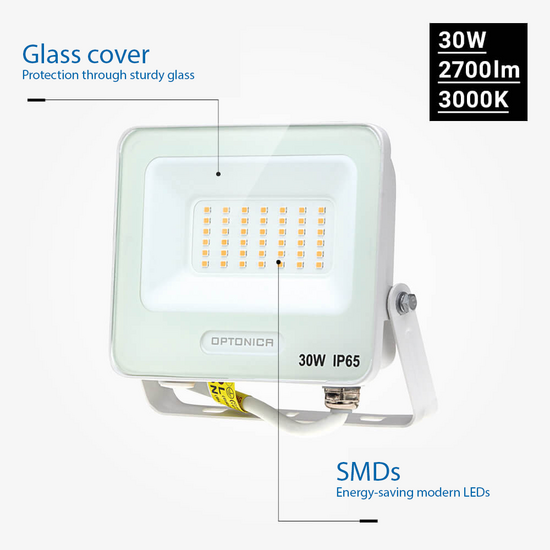 Optonica LED SMD Proyector Cuerpo Blanco IP65 con Cable de 15 cm - Ideal para iluminación exterior