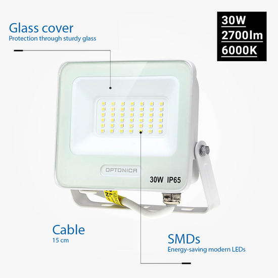 Optonica LED SMD Floodlight White Body IP65 with 15 cm Cable - Ideal para iluminación exterior