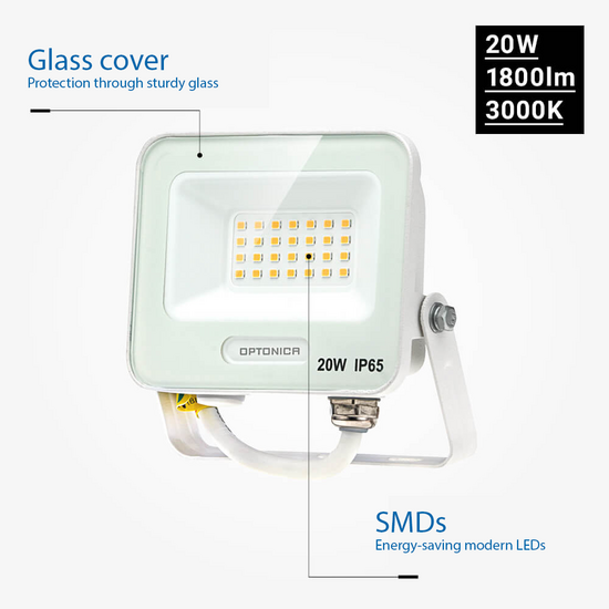 Optonica LED SMD Floodlight White Body IP65 with 15 cm Cable - Ideal para Iluminación Exterior