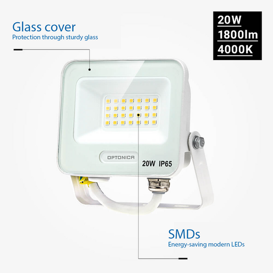 Optonica LED SMD Floodlight White Body IP65 with 15 cm Cable - Ideal para iluminación exterior