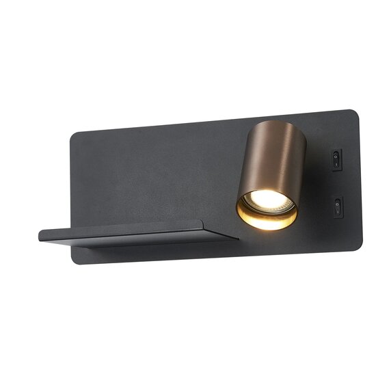 Fantasia DUSK wall lamp, right version, USB charging port, GU10 fitting (bulb excl., suitable up to 7W 2700K), black with brushed bronze, 300x115mm