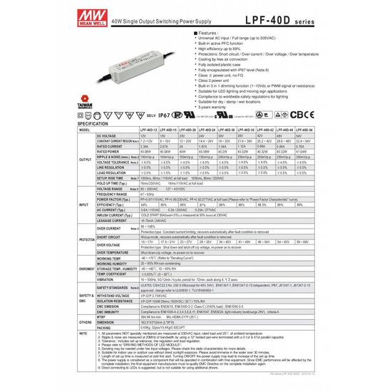 LED-Treiber dimbaar Meanwell 0-40W 24V IP67