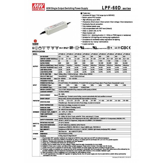 Transfo LED dimmable Meanwell 0-60W 24V IP67
