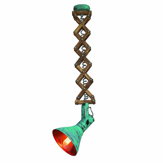 Homelighting Up-down Mini Wandleuchte industriell grün-kupfer 190mm, Holz-Akkordeonarm 50-90cm, E27-Fassung, Leuchtmittel nicht enthalten