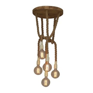 Luminaire suspendu vintage corde beige bois rond E27x5