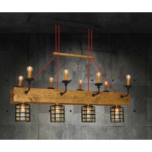 Luminaire suspendu vintage bois, verre 4xE27 8xE14