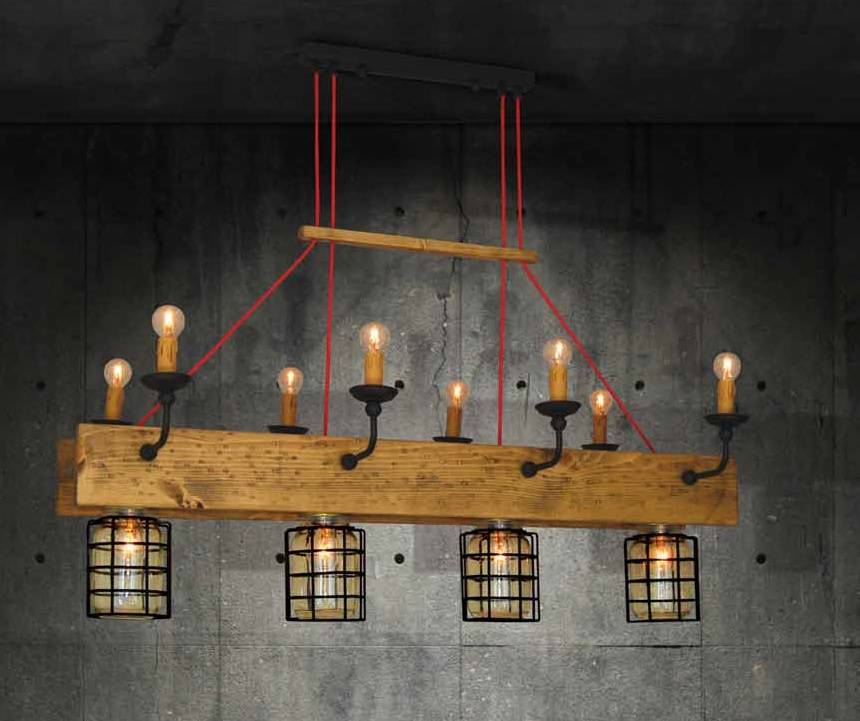 Hanglamp kap 4xE27 hout industrieel kaarslampen | My Planet
