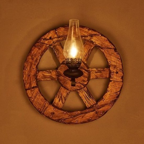 Wall light sconce industrial wheel wood torch 580mm Ø