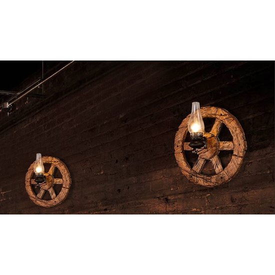 Wall light sconce industrial wheel wood torch 580mm Ø