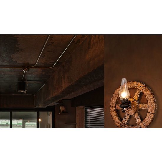Aplique de pared industrial rueda madera antorcha 580mm Ø