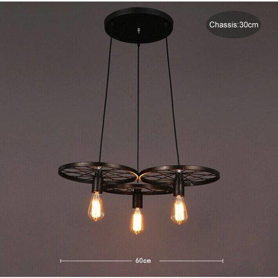 Industriële hanglamp 3 wielen spaken E27x3 zwart of roestkleur