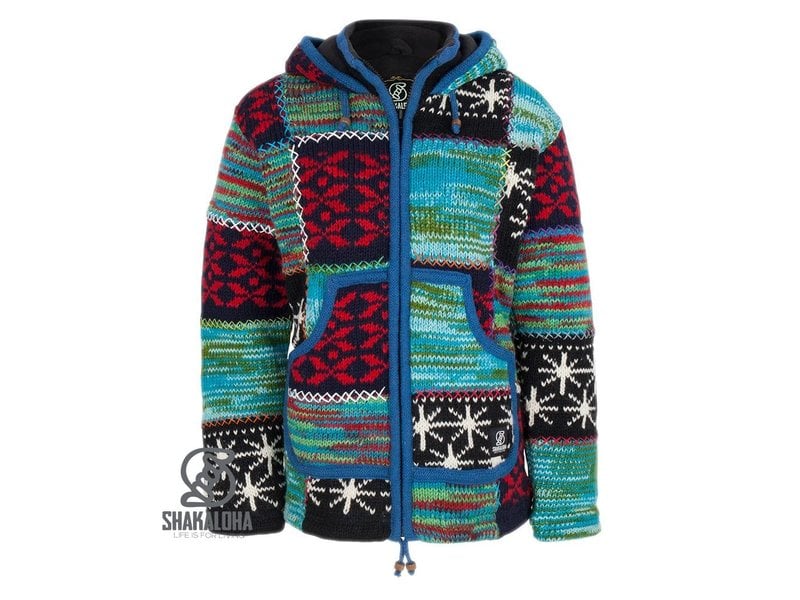 Shakaloha Shakaloha Gebreid Wollen Vest Patch ZH Meerkleurig Bont met Fleece Voering en Afneembare Capuchon - Dames - Handgemaakt in Nepal van Schapenwol