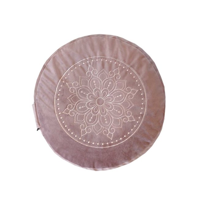 Fluwelen Meditatiekussen | Roze met Mandala borduursel | ⌀30cm - 15cm