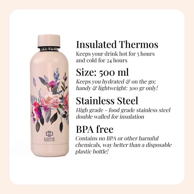 Water bottle - Drinking bottle - 500 ml - Thermos - Precious Pink Flowers